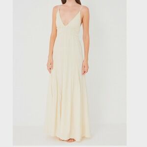 Free People Smocked Long Maxi Sun Dress Size S Cream Boho Flowy Spaghetti Strap